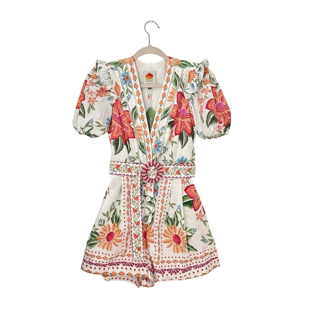 Farm Rio Floral Embroidered Belted Romper Size XS - Picture 1 of 8